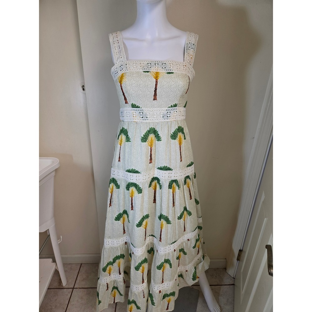 Calypso St. Barth Cotton Palm Tree Print Lace Trim Tiered Maxi Dress XS New